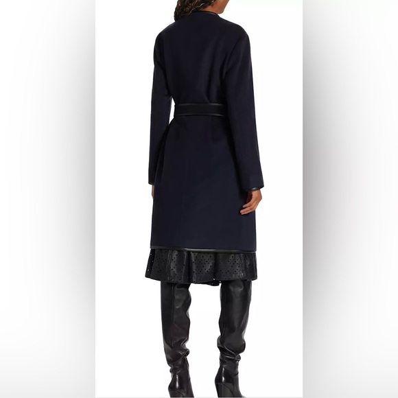 Elie Tahari Faux Leather-Trimmed Cashmere Wool Blend Wrap Coat Navy XL Womens - Picture 5 of 15